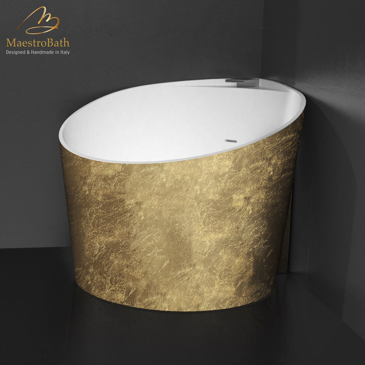 Freestanding resin bathtub, shown in gold, 43.7 inch long by 37.3 inch wide and 29.9 inch high, made of fiberglass and resin
