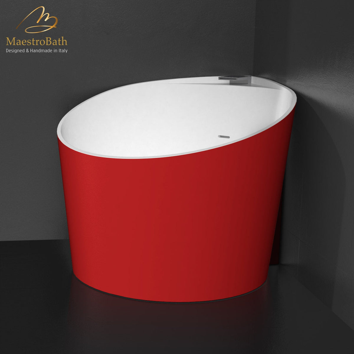 Freestanding round resin bathtub, shown in red, 43.7 inch long by 37.3 inch wide and 29.9 inch high