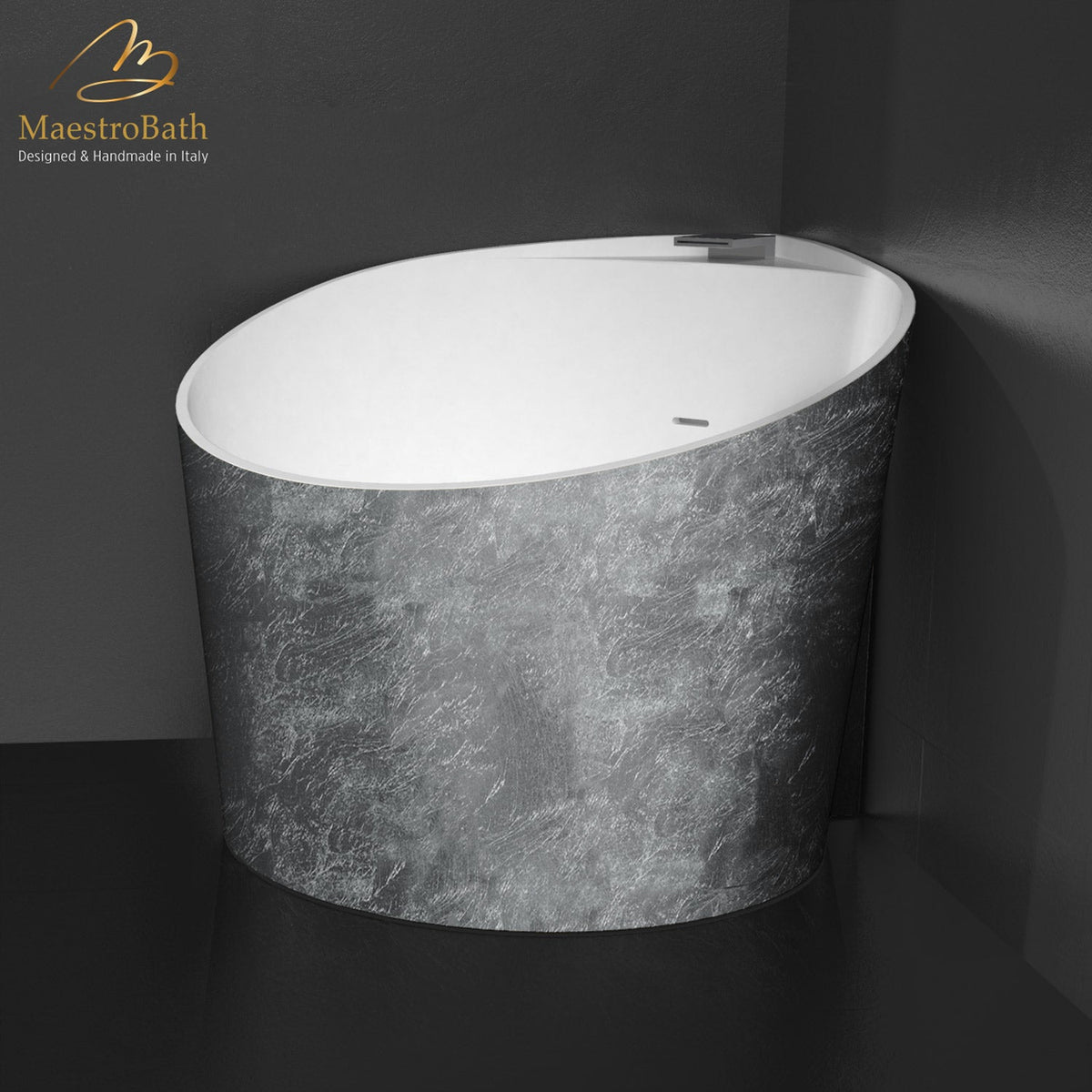 Compact Free Standing Bathtub, shown in silver, 43.7 inch long by 37.3 inch wide and 29.9 inch high