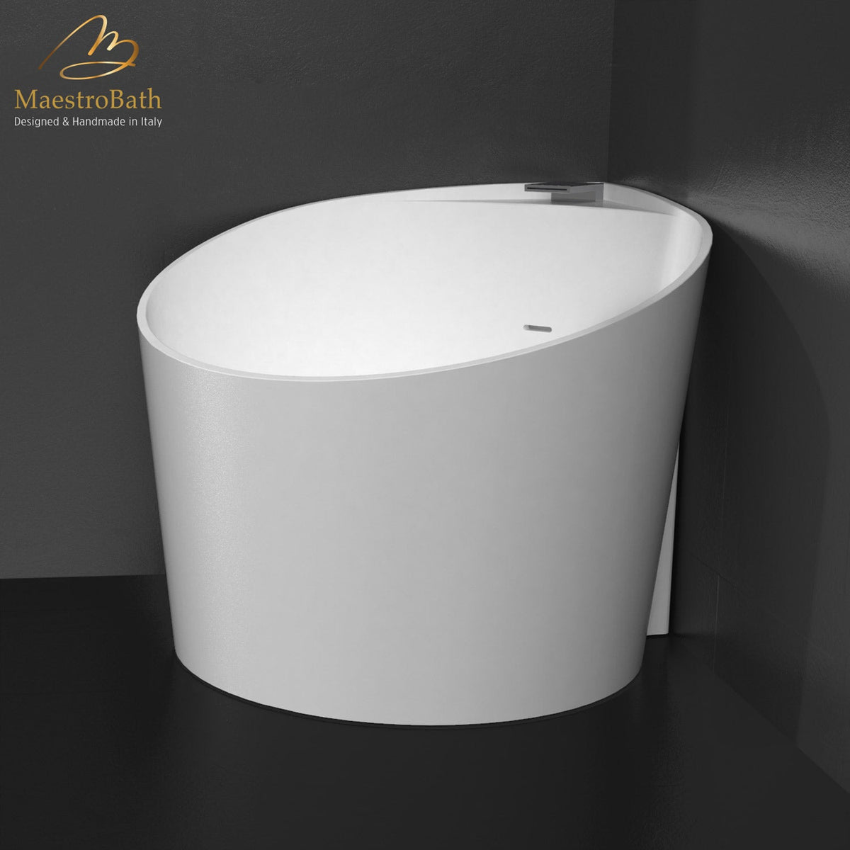 Freestanding resin bathtub, shown in white, 43.7 inch long by 37.3 inch wide and 29.9 inch high, made of fiberglass and resin