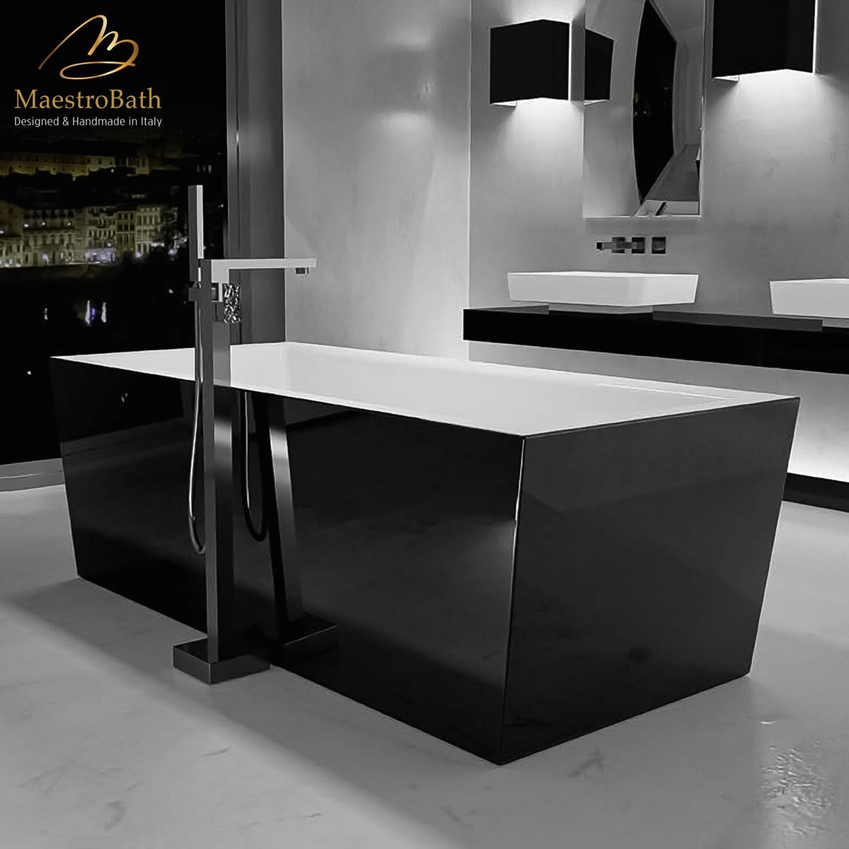 Freestanding rectangular resin bathtub, shown in black, 70.9 inch long by 31.5 inch wide and 23.6 inch high