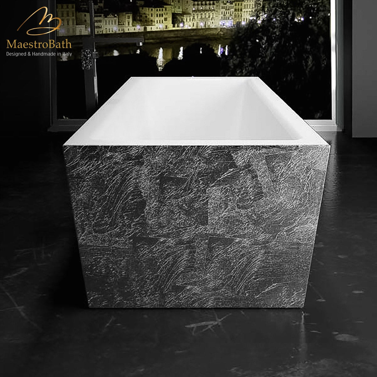 Freestanding rectangular resin bathtub, shown in silver, 70.9 inch long by 31.5 inch wide and 23.6 inch high
