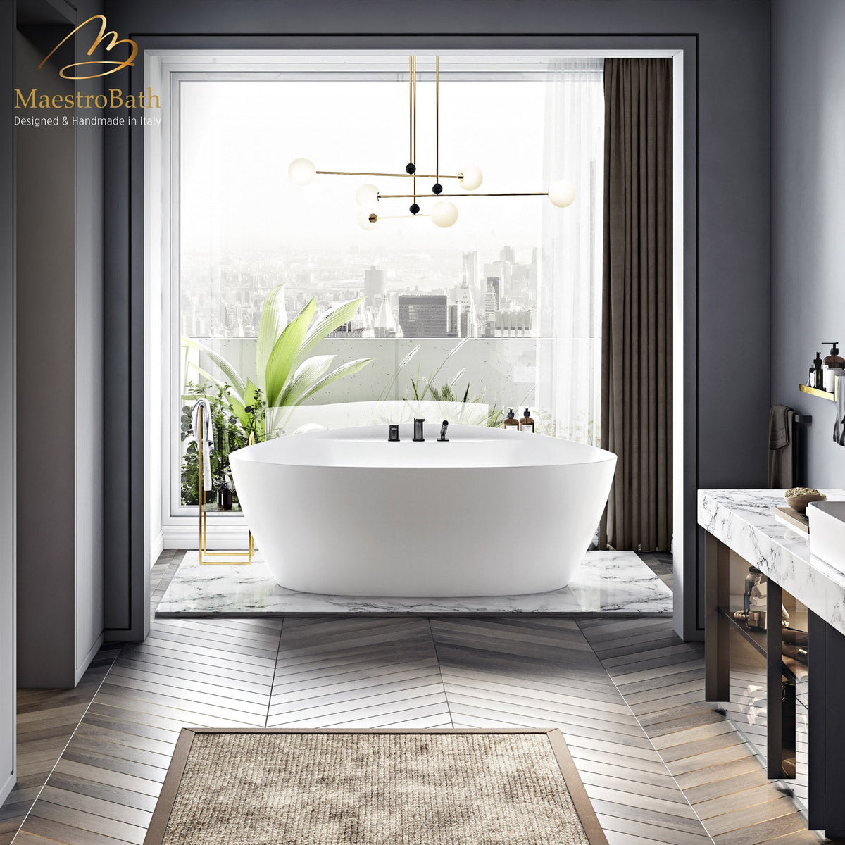 Freestanding resin bathtub, shown in white, 68.8 inch long by 33.4 inch wide and 27.1 inch high, made of fiberglass and resin