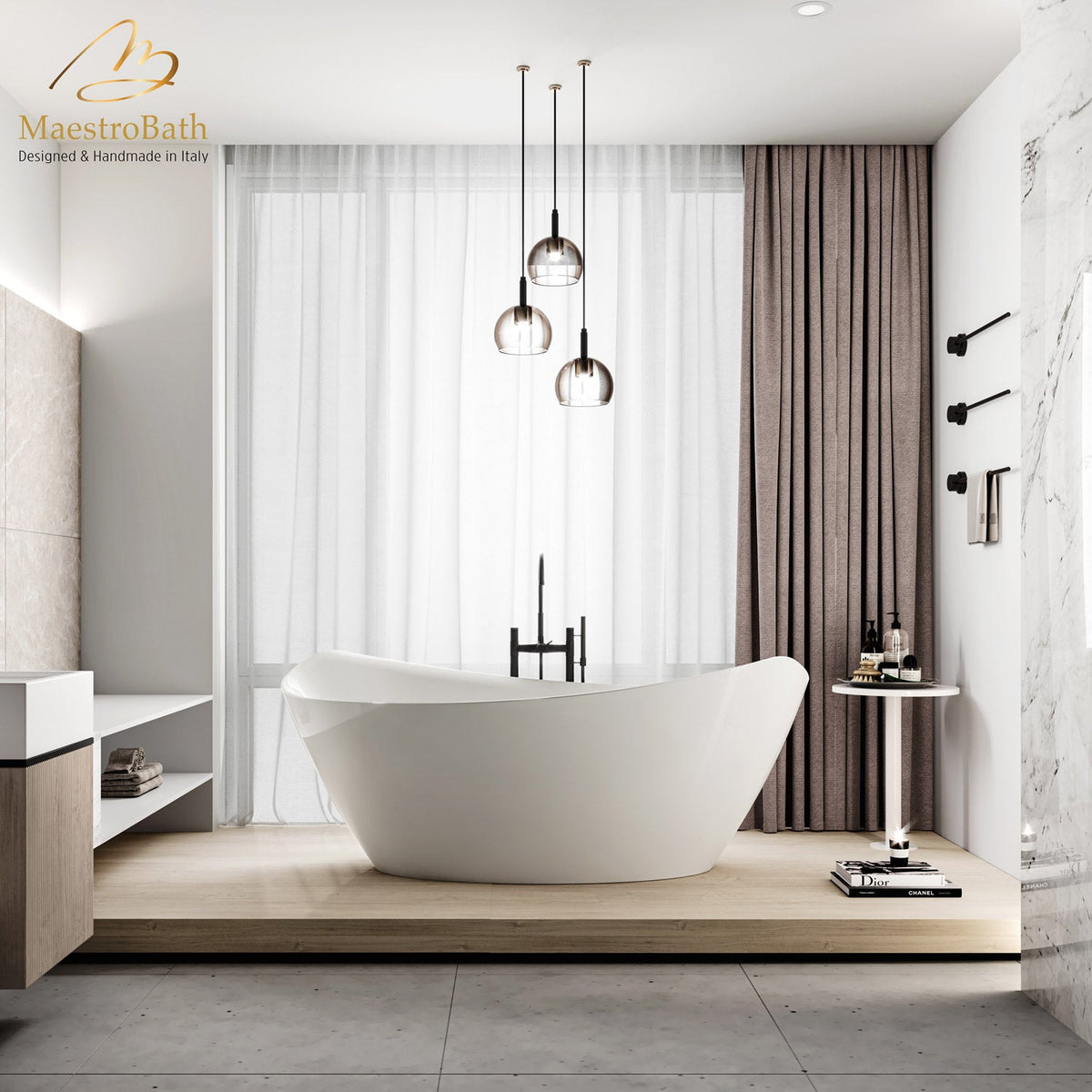 Freestanding resin bathtub, shown in white, 69.8 inch long by 35.8 inch wide and 28.5 inch high, made of fiberglass and resin