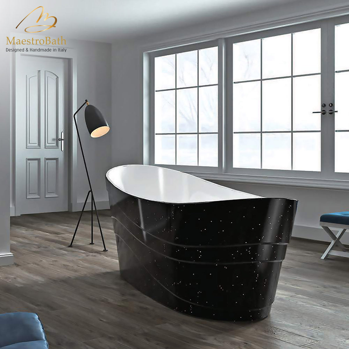 Freestanding resin bathtub, shown in black, 67.3 inch long by 29.3 inch wide and 29.1 inch high, made of fiberglass and resin
