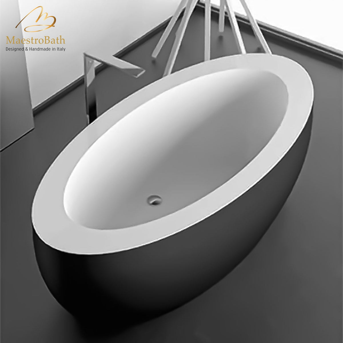 Freestanding oval resin bathtub, shown in black, 68.9 inch long by 33.5 inch wide and 22 inch high