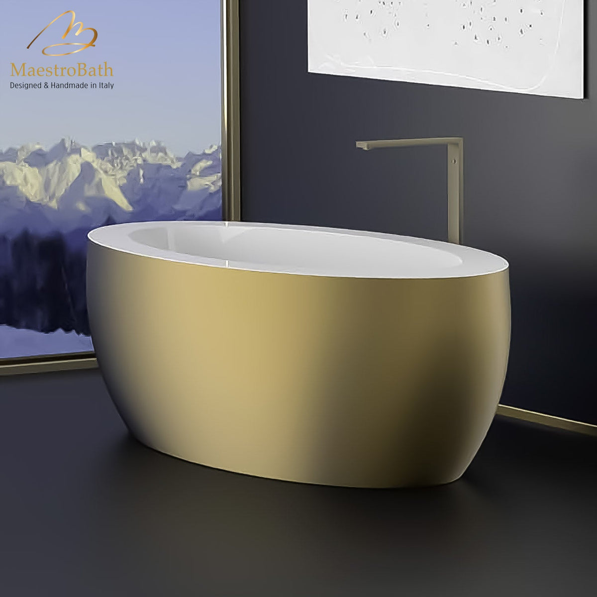 Freestanding oval resin bathtub, shown in gold, 68.9 inch long by 33.5 inch wide and 22 inch high