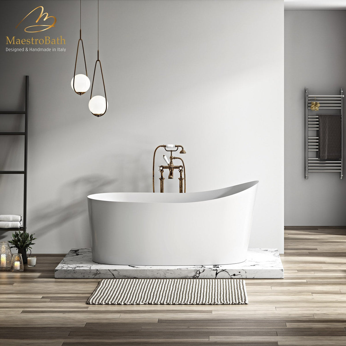 Freestanding resin bathtub, shown in white, 62.9 inch long by 29.7 inch wide and 29.5 inch high, made of fiberglass and resin
