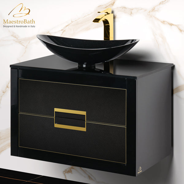 Danya Black and Gold Leather Modern Bathroom Vanity 32 Inch #glass top_flat