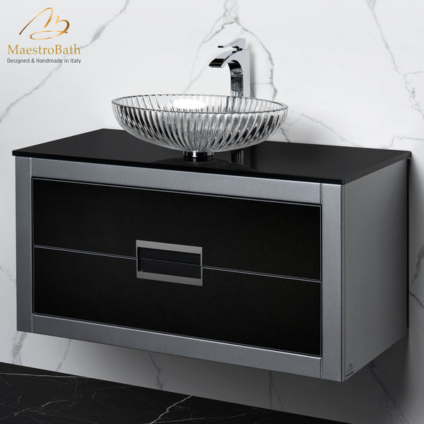 Danya Silver Leather Modern Bathroom Vanity 40 Inch #glass top_flat