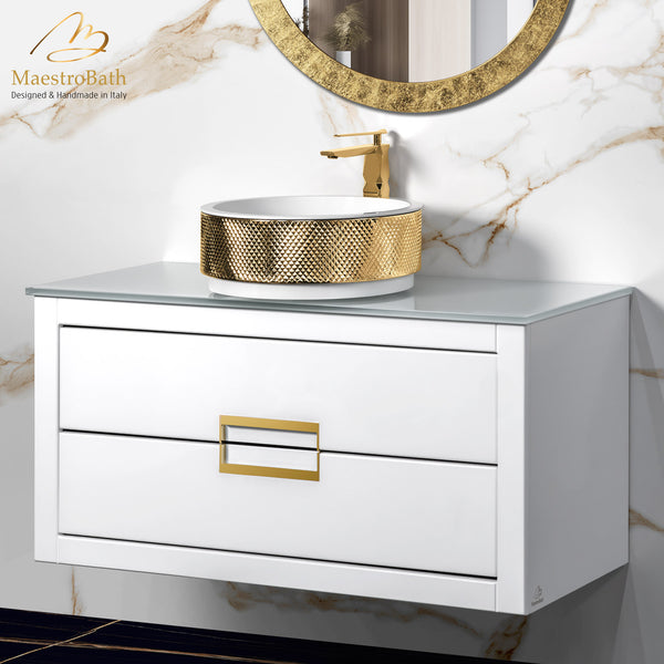 Danya 40 Inch Modern Bathroom Vanity | White & Gold #glass top_flat