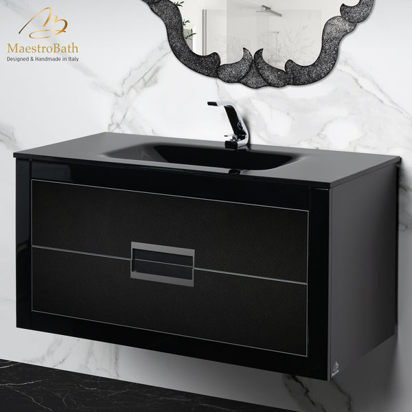 Danya 40 Inch Modern Bathroom Vanity | Black and Silver #glass top_integrated