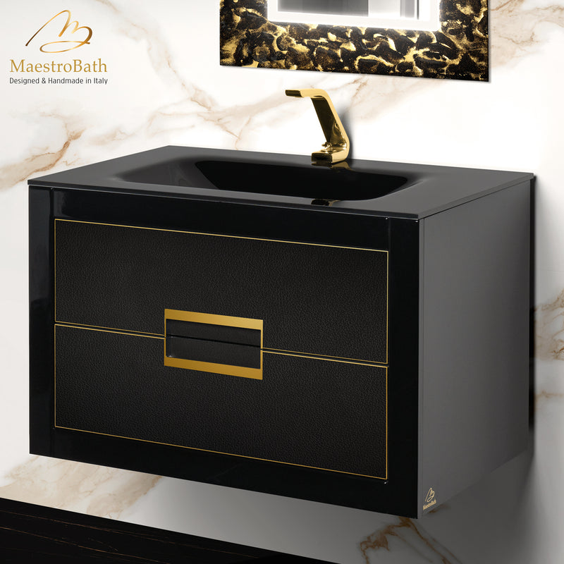 Danya Black and Gold Leather Modern Bathroom Vanity 32 Inch
