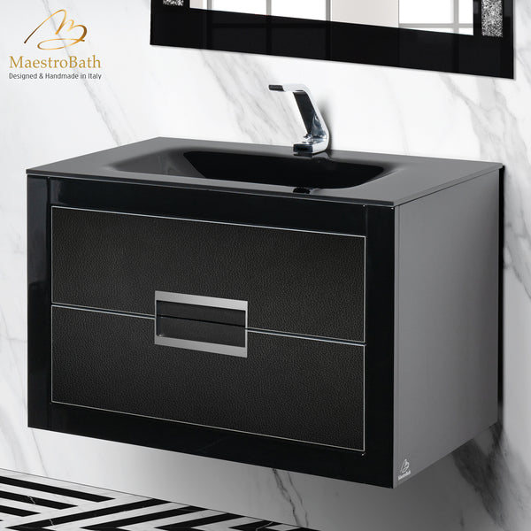Danya 32 Inch Modern Bathroom Vanity | Black and Silver #glass top_integrated