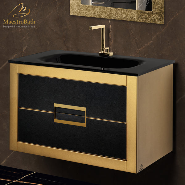 Danya Leather Modern Bathroom Vanity 32 Inch #glass top_integrated
