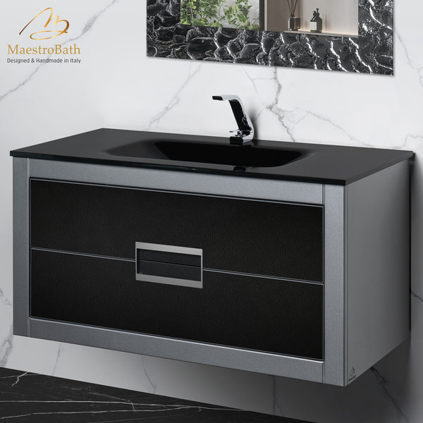Danya Leather Modern Bathroom Vanity 40 Inch #glass top_integrated