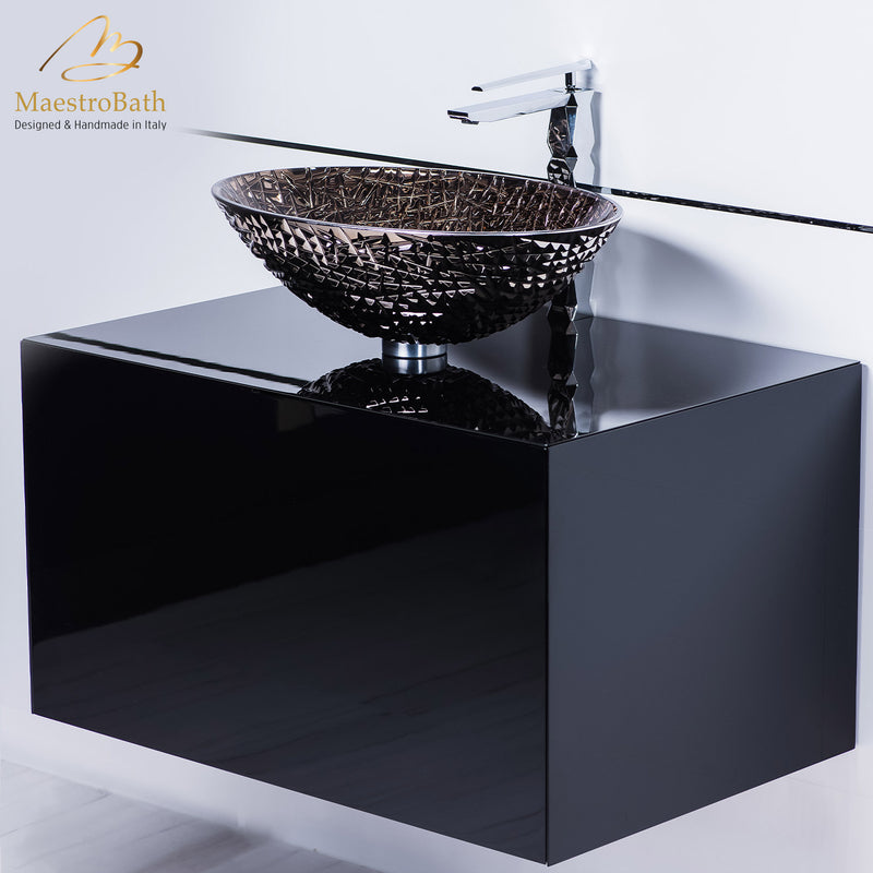 Italian platinum crystal vessel sink and lacquered black vanity combo