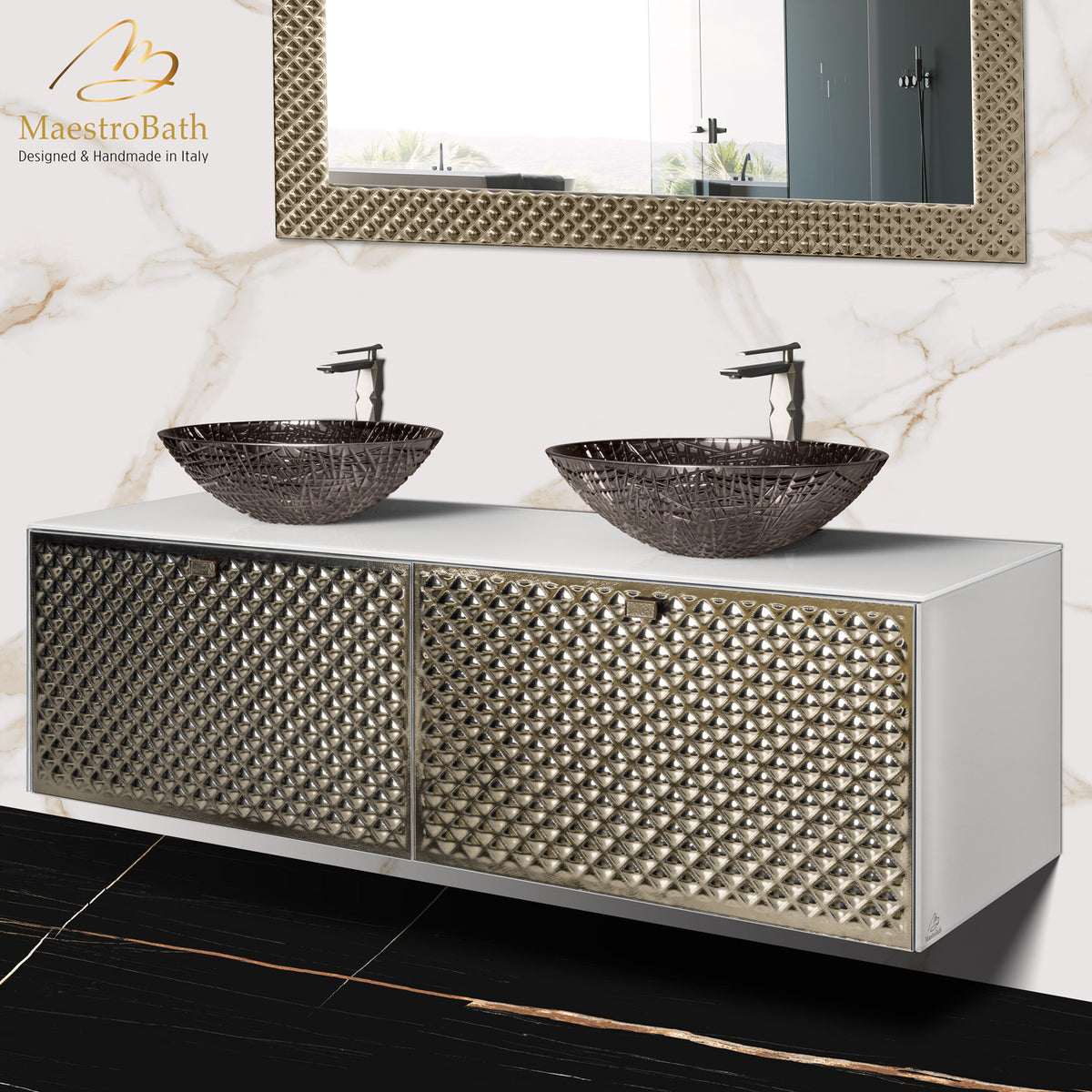 Lucent Luxury Crystal Silver Bronze Double Vanity, shown in silver and bronze, made of wood clad in Murano glass