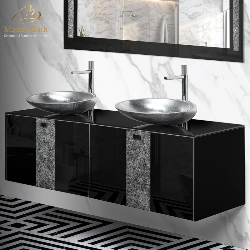 Luxury Crystal Glass Wallmount Bathroom Double Vanity | Black