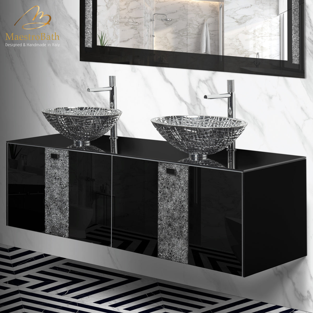 Luxury Crystal Glass Wallmount Bathroom Double Vanity | Black #size_63"