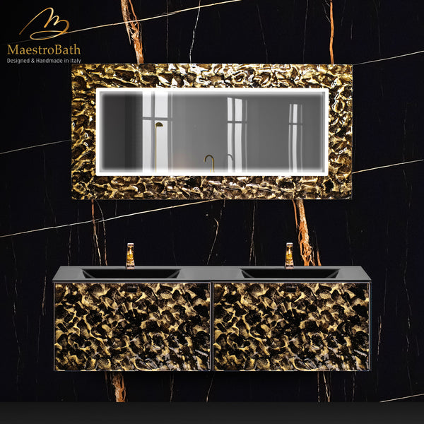 Luxury Murano Glass Wallmount Bathroom Double Vanity #color_black and gold