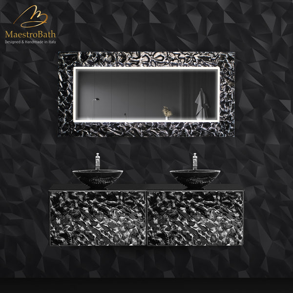 Designer Murano Glass Wallmount Bathroom Double Vanity #color_black and silver