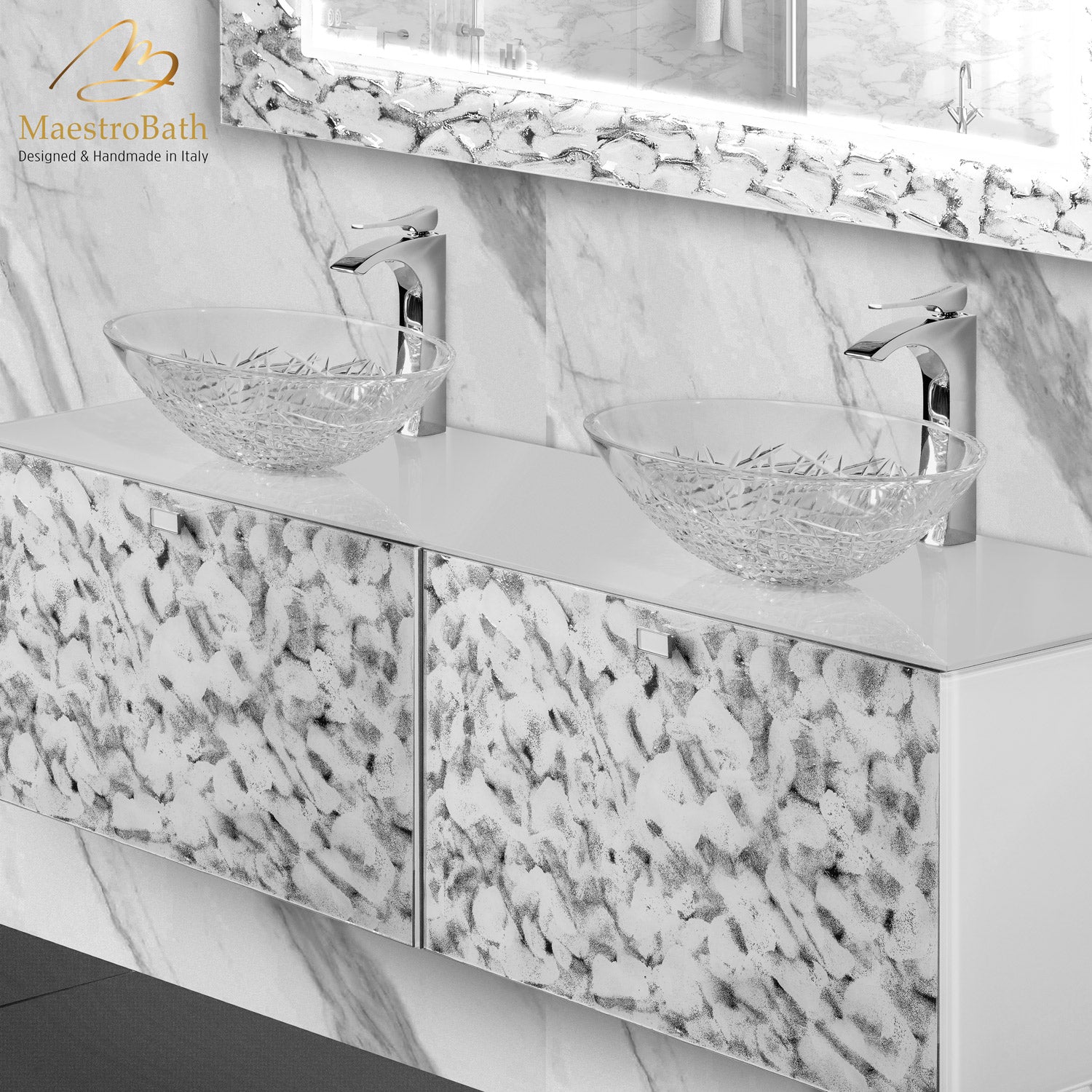 Designer Murano Glass Wallmount Bathroom Double Vanity #color_white and silver