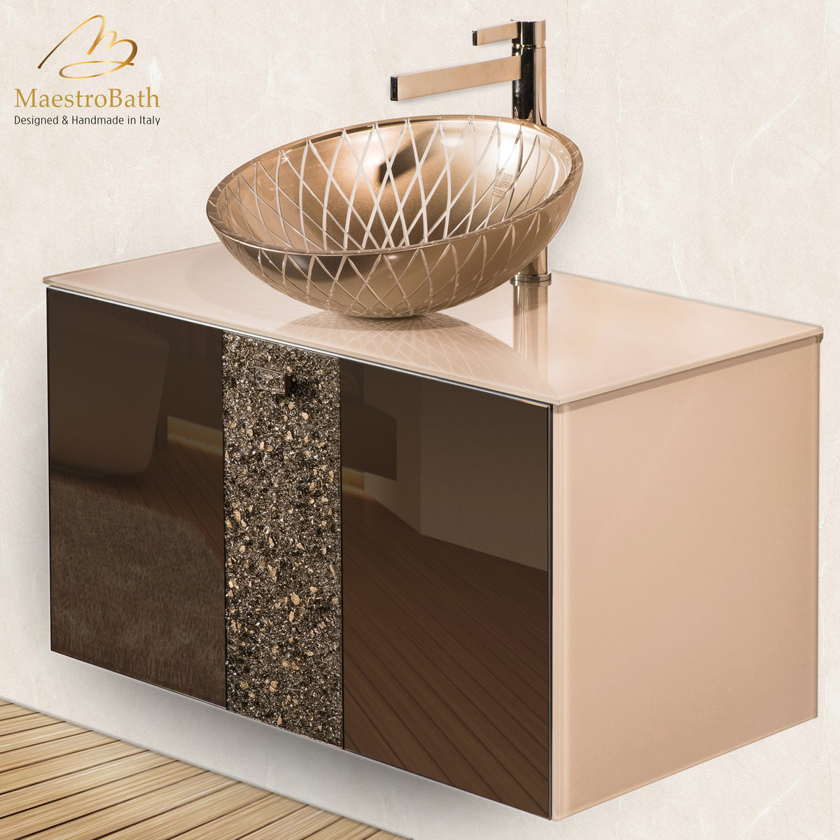 Luxury Crystal Glass Wallmount Bathroom Vanity, shown in bronze, made of wood clad in Murano glass #Size_32"