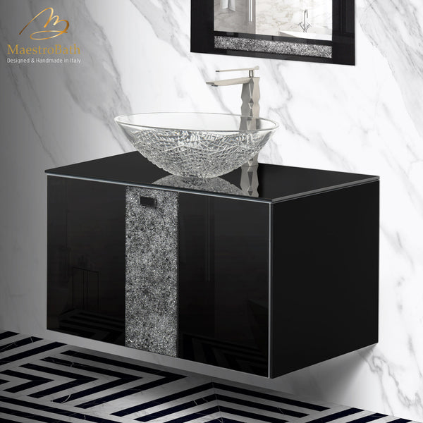 Luxury Crystal Glass Wallmount Bathroom Vanity | Black