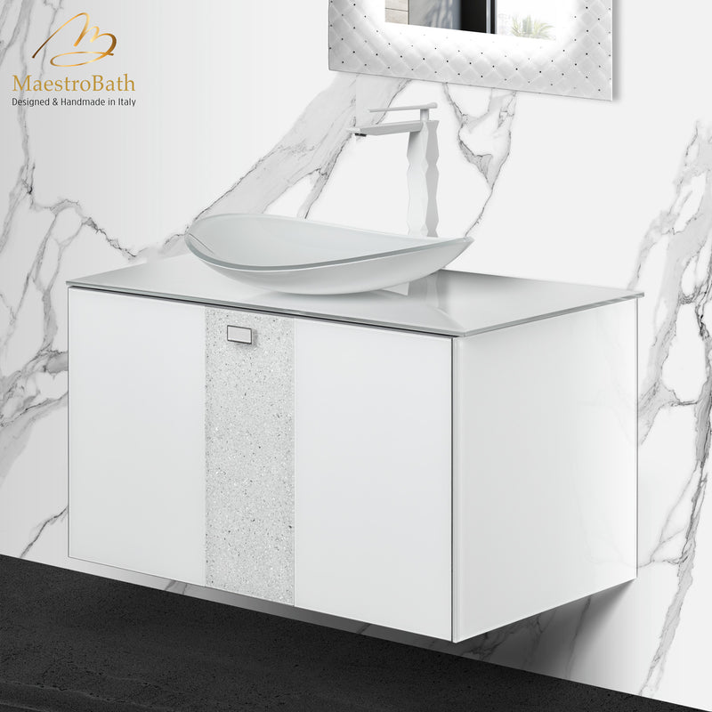 Luxury Crystal Glass Wallmount Bathroom Vanity | White