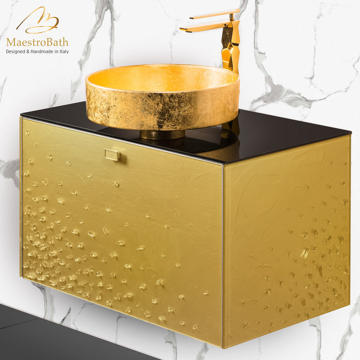 Luxury Crystal Wallmount Bathroom Vanity, shown in gold, made of wood clad in Murano glass #Size_32"