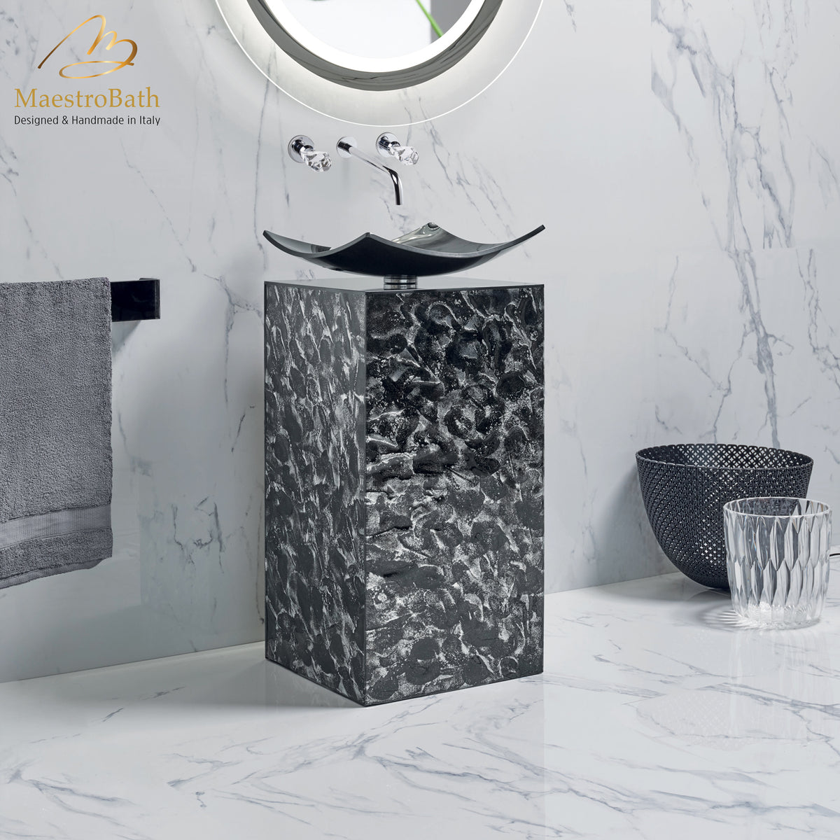 Murano glass bathroom vanity, shown in black, made of wood clad in Murano glass #color_black