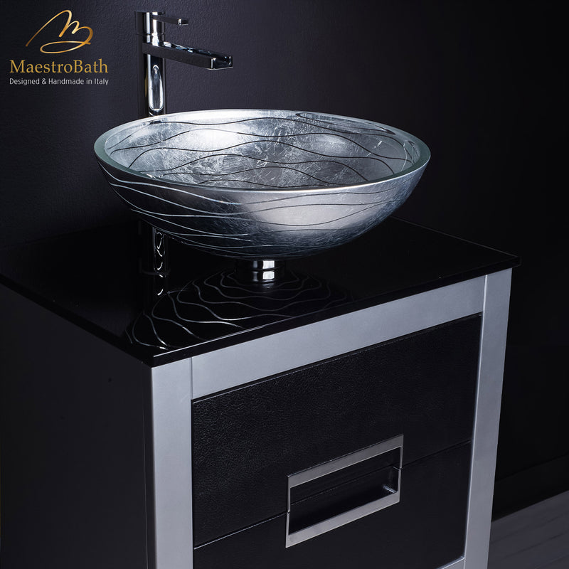 24 inch leather front bathroom vanity and sink combo | Black and Silver