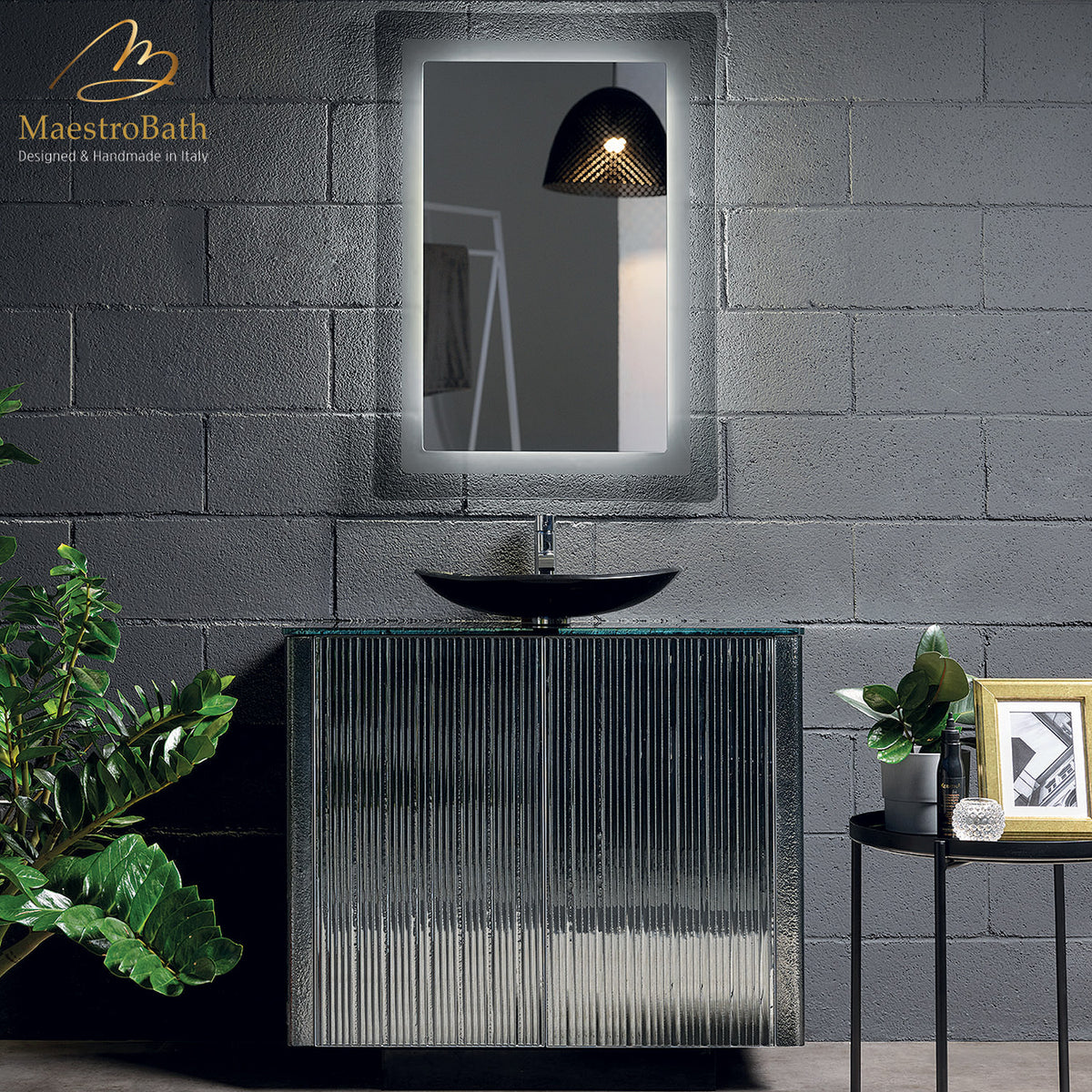 Princess Luxury Crystal Smoke Grey Silver Single Vanity, shown in gray and silver, made of wood clad in Murano glass