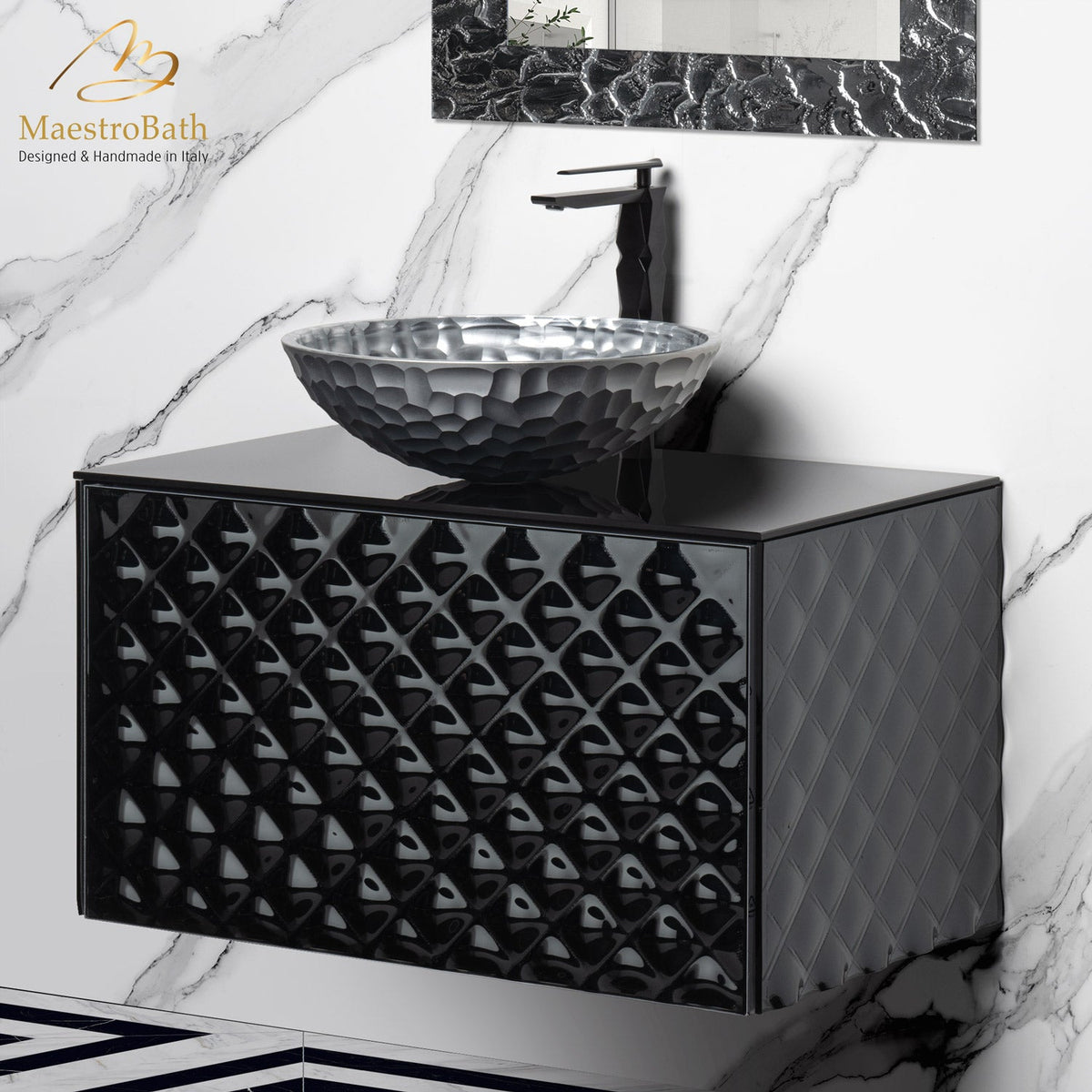 Murano glass bathroom vanity, made of wood clad in Murano glass #color_grey-smoke silver