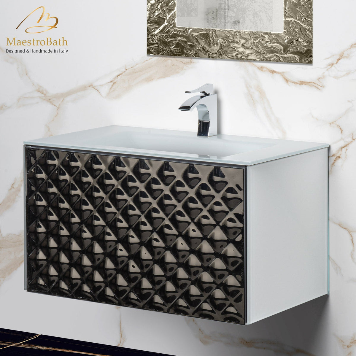 Murano glass bathroom vanity, shown in white & bronze, made of wood clad in Murano glass