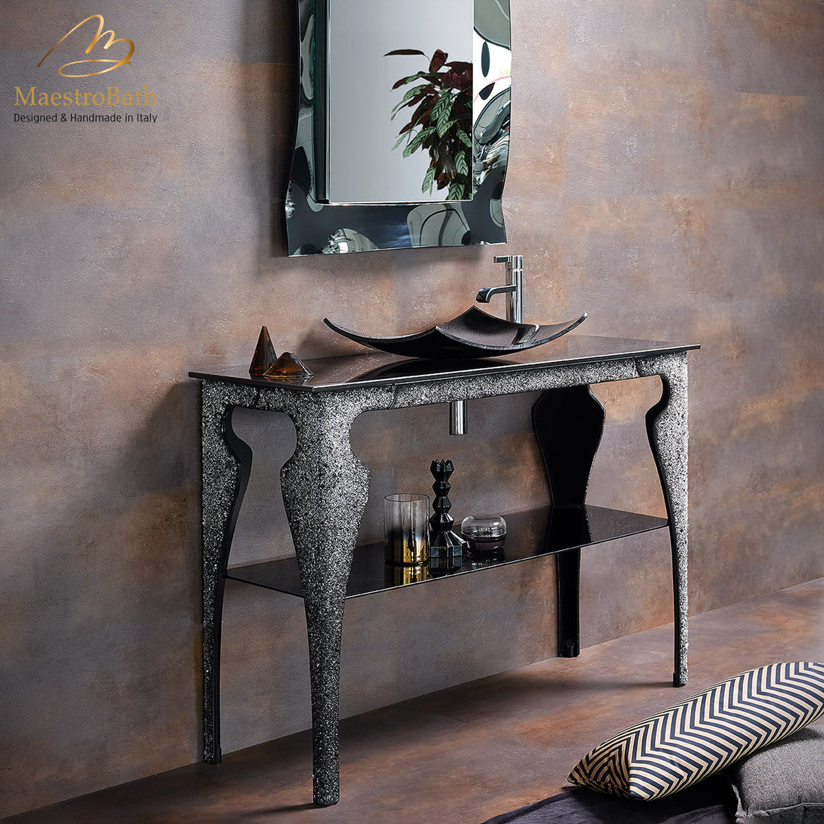 Freestanding Murano glass bathroom vanity console, shown in black, made of stainless steel clad in Murano glass
