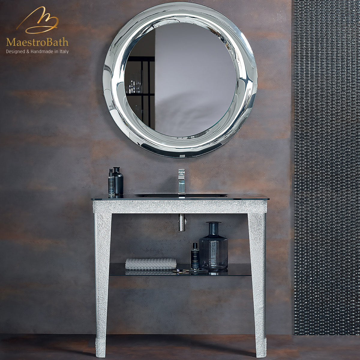 Freestanding Murano glass bathroom vanity console, shown in silver, made of stainless steel clad in Murano glass
