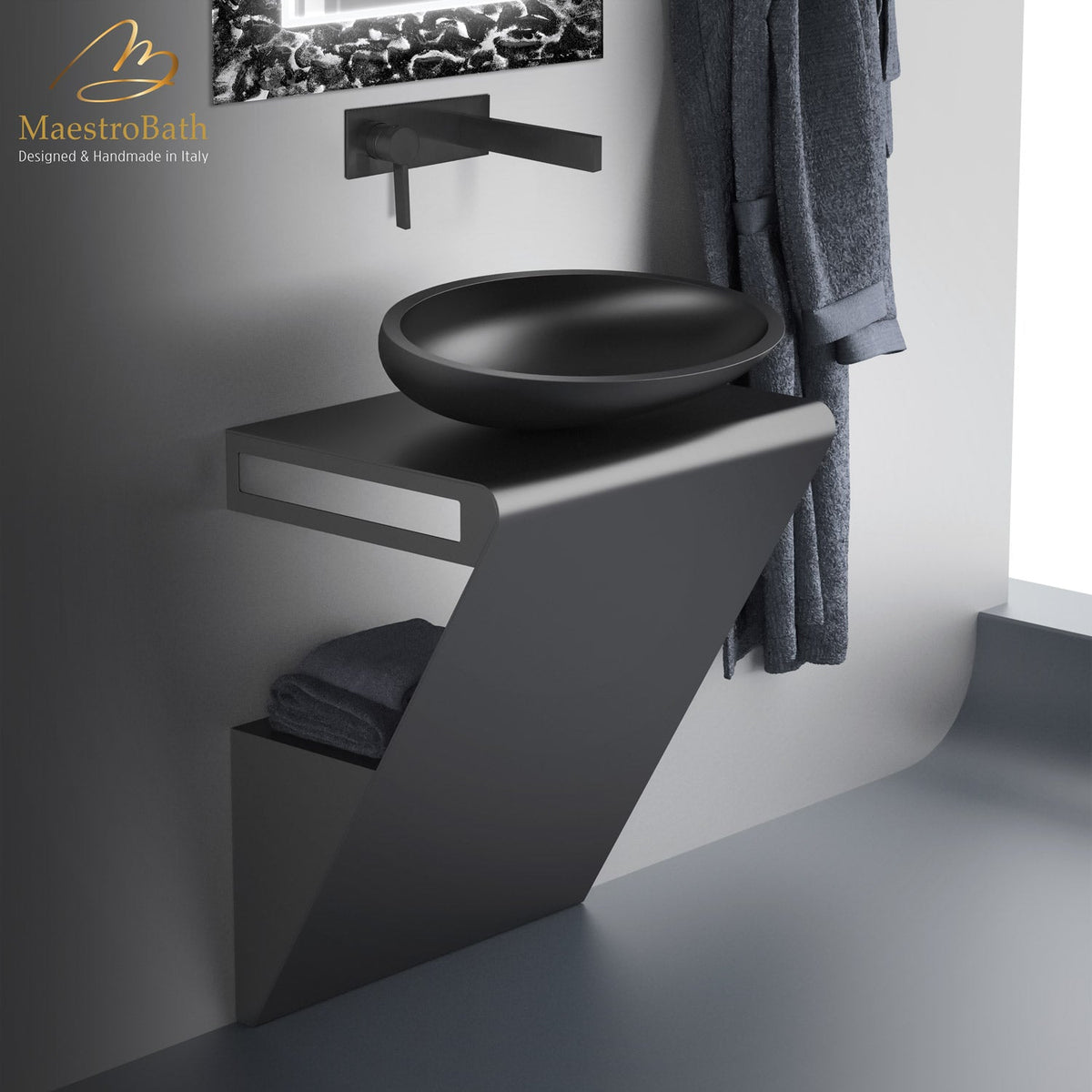 Stainless steel bathroom vanity, shown in black
