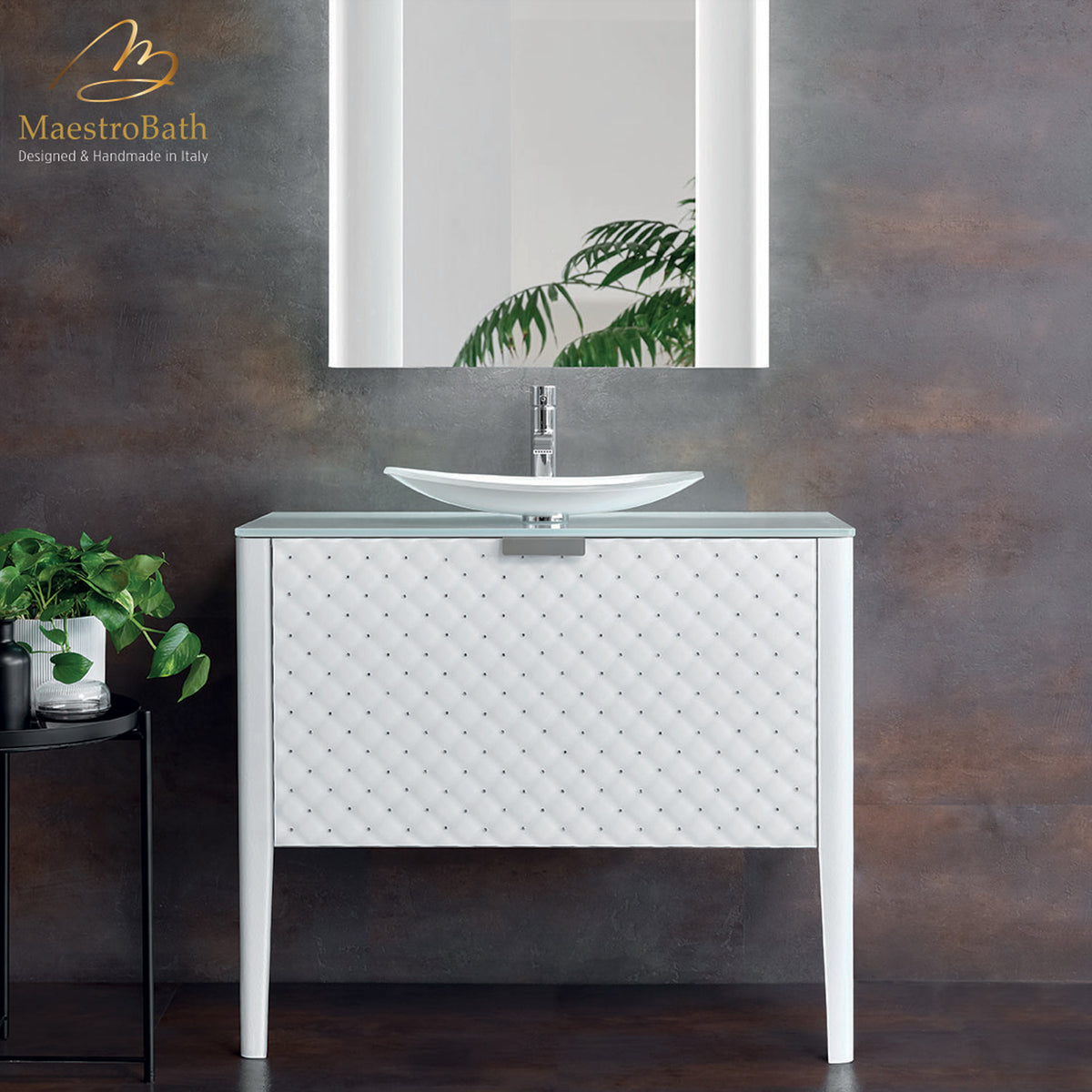 Murano glass bathroom vanity, shown in white, with Swarovski crystal, made of stainless steel clad in Murano glass